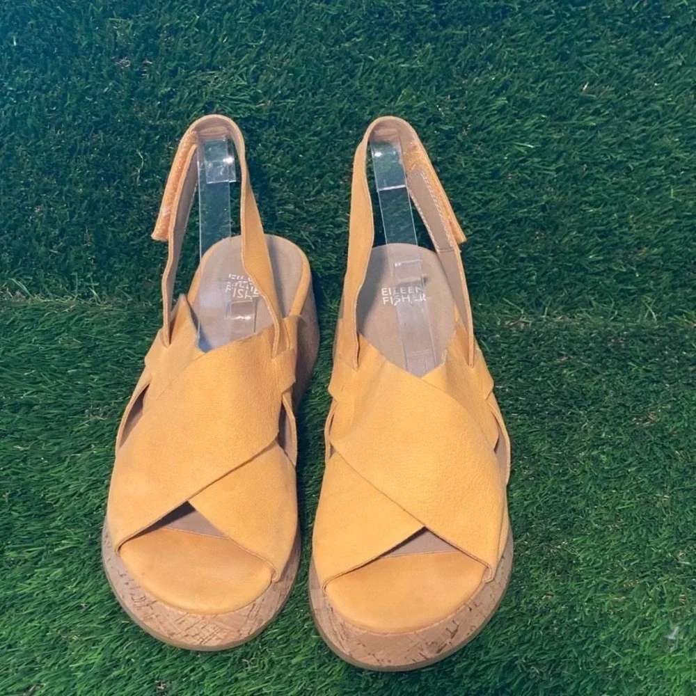 Eileen Fisher Yellow Wedge Sandals Espadrille Criss Cross Women's Size 9